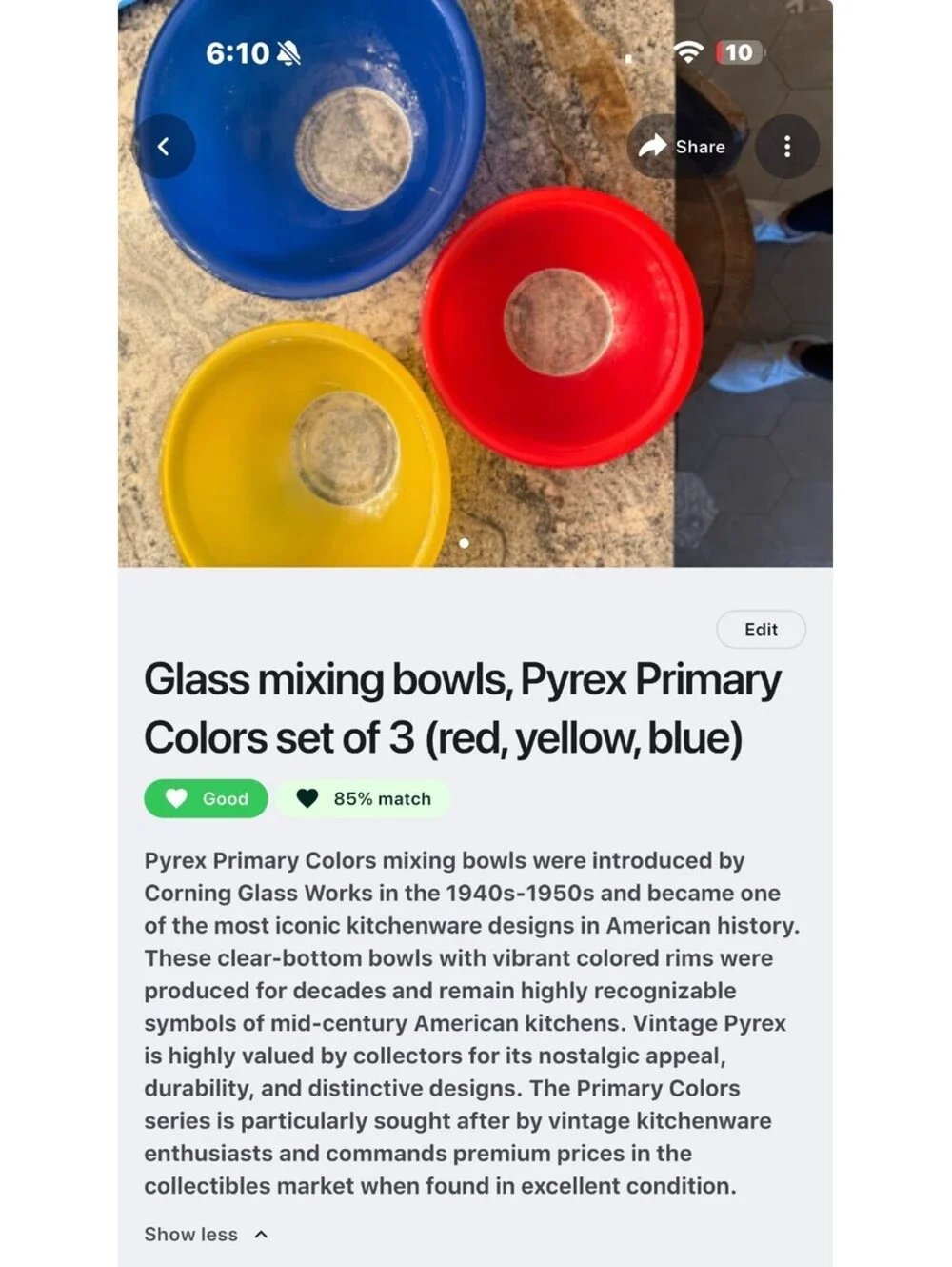 Pyrex Primary Colors Glass Mixing Bowls Set of 3 (Red, Yellow, Blue)